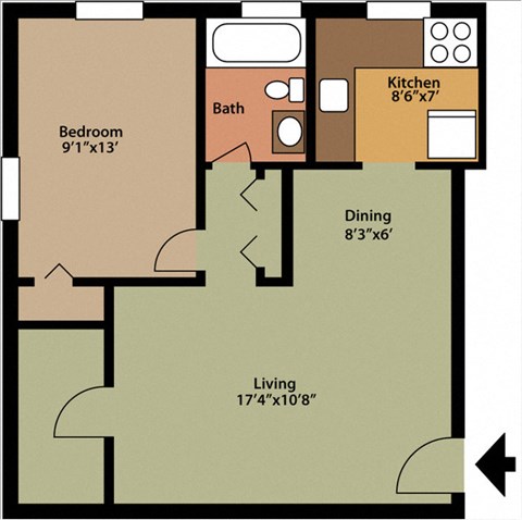 Floor plan for 1 bed, 1 bath, 610 sqft